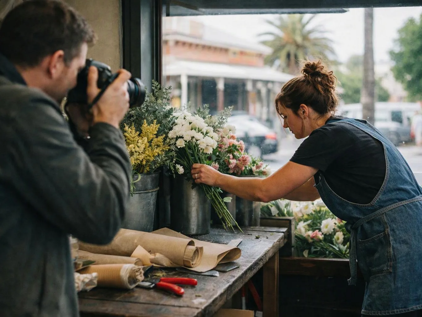 A man photographs a woman arranging flower bouquets on a worktable by a bright window