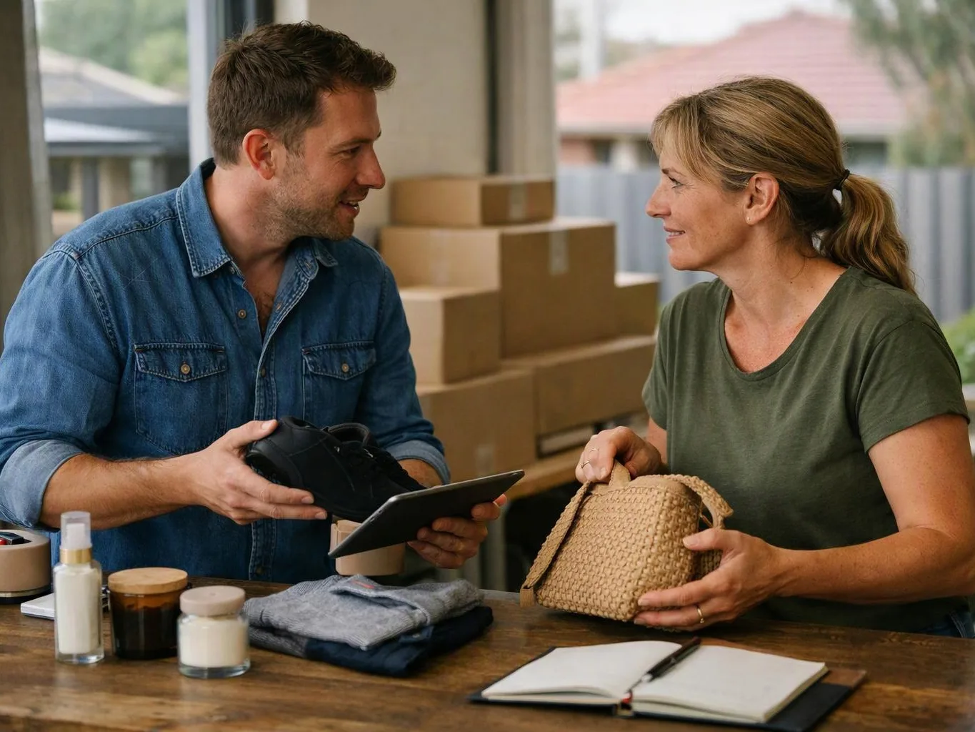 A man shows a black shoe and tablet to a woman holding a woven handbag beside stacked boxes and jars