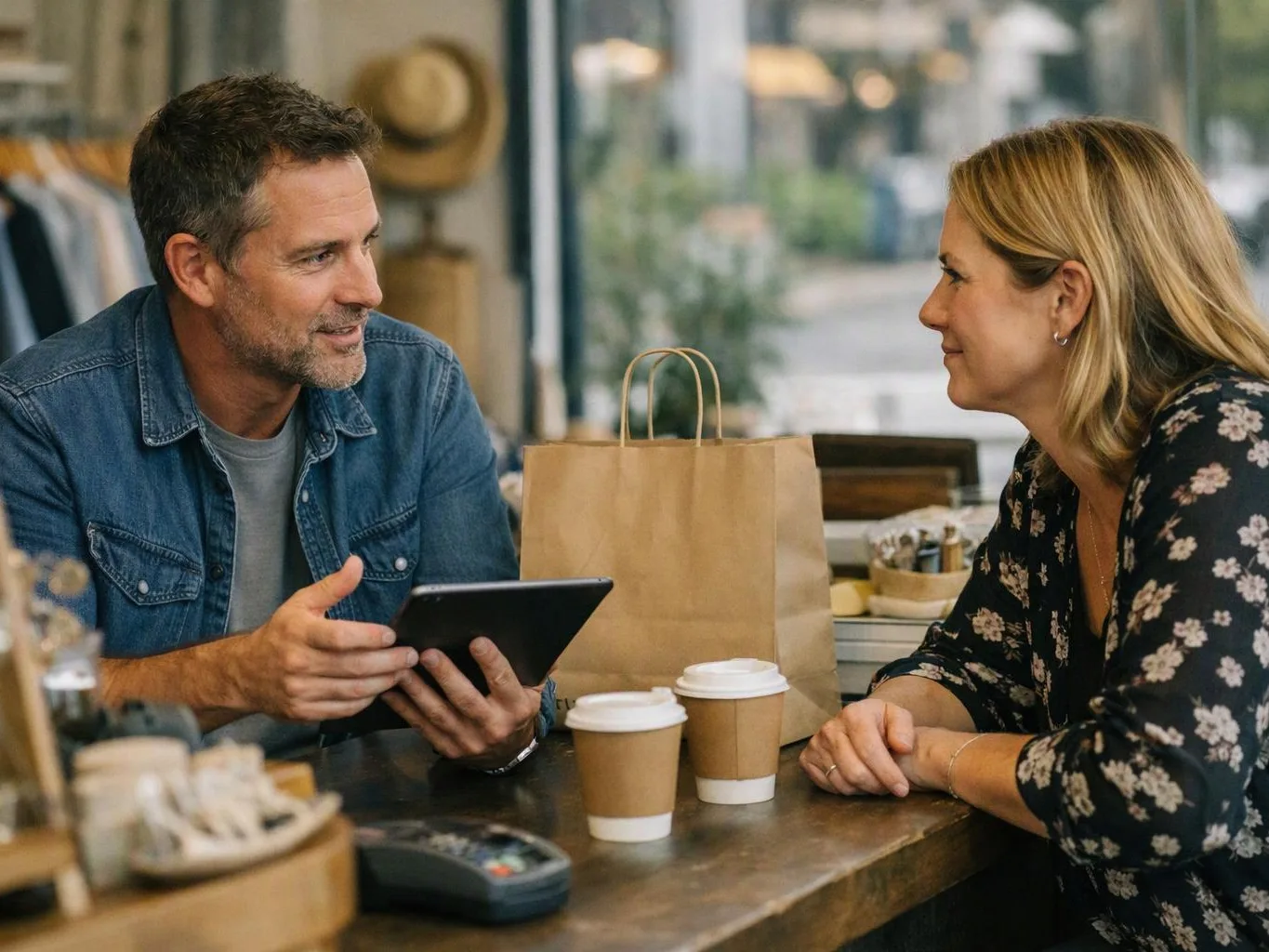 A man shows a tablet to a woman across a café table with coffee cups and a paper bag