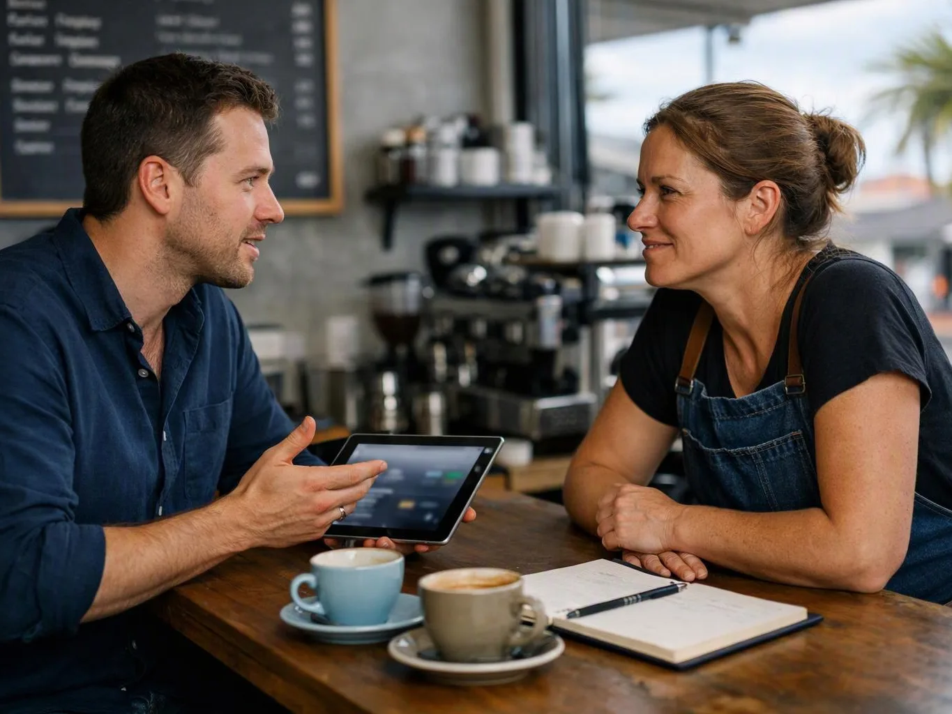 A man shows a tablet to a woman across a café table with coffee and a notebook