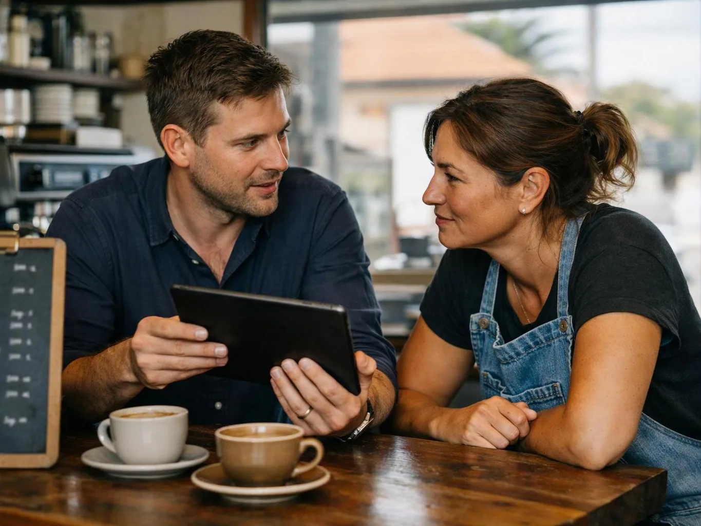 A man shows a tablet to a woman across a wooden café table with two coffee cups