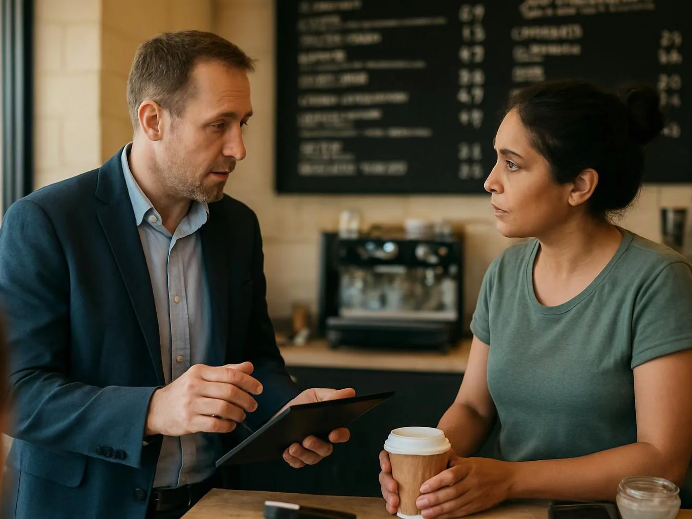 A man shows a tablet to a woman holding a takeaway coffee in a café counter area