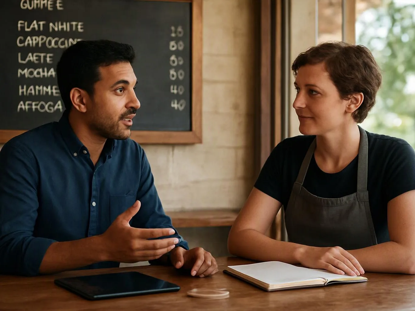 A man speaks to a woman across a café table, with a chalk menu board and notebook behind them