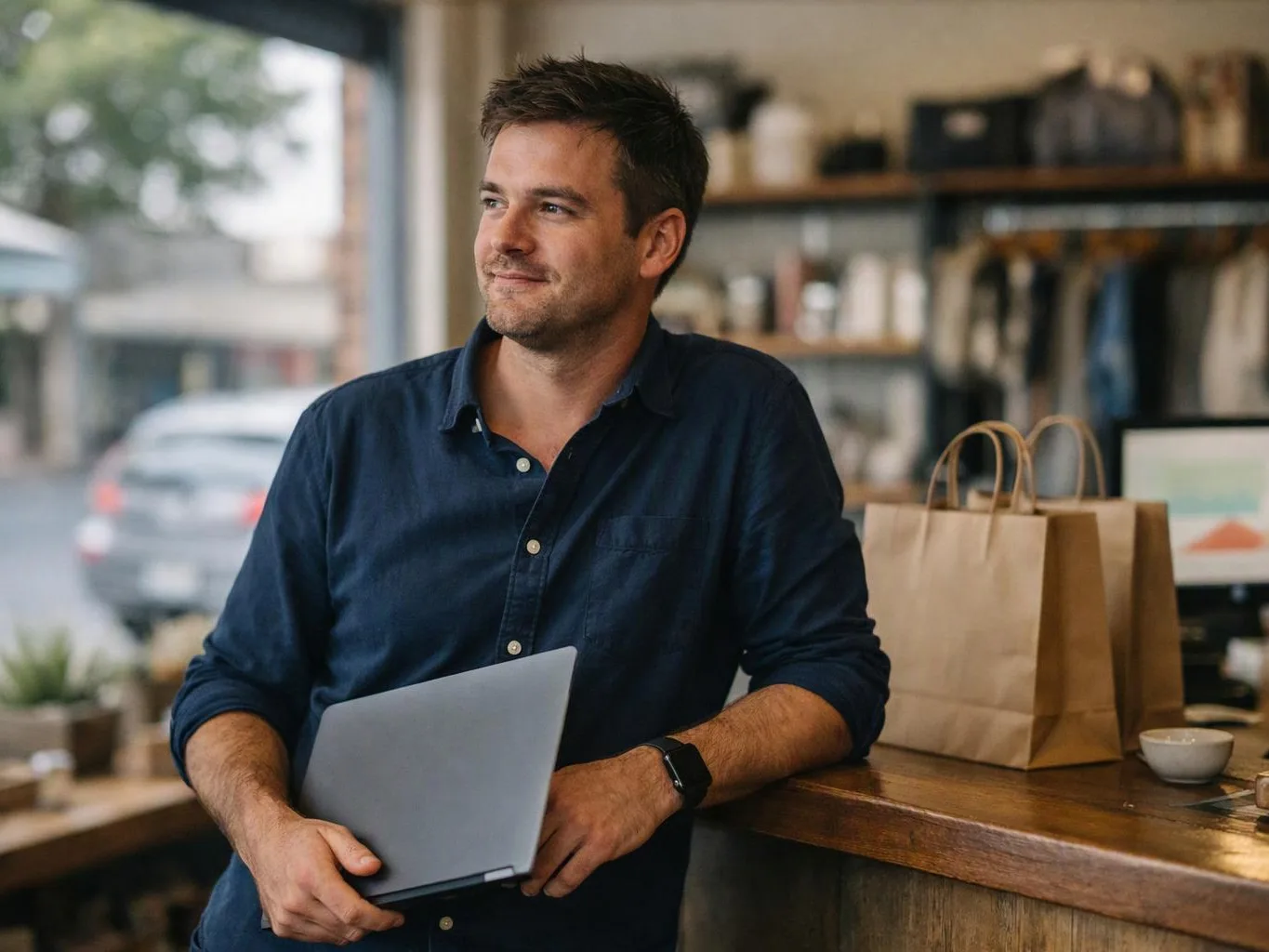 A man stands by a shop counter holding a laptop, with paper bags and shelves behind him