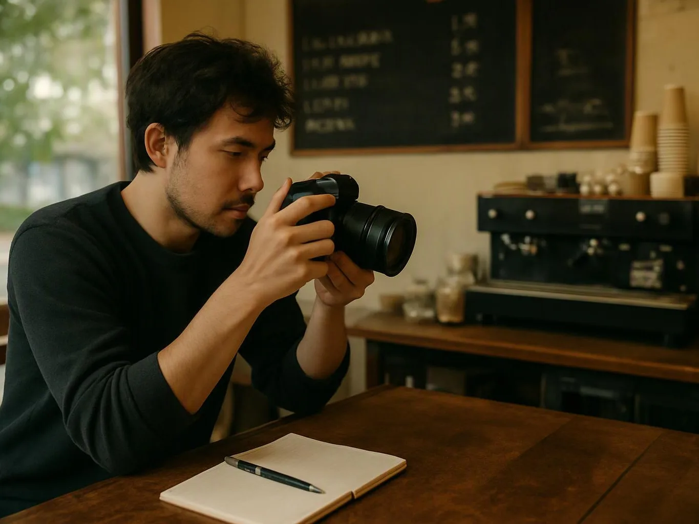 A man studies a camera at a wooden table inside a quiet café with a notebook and pen nearby