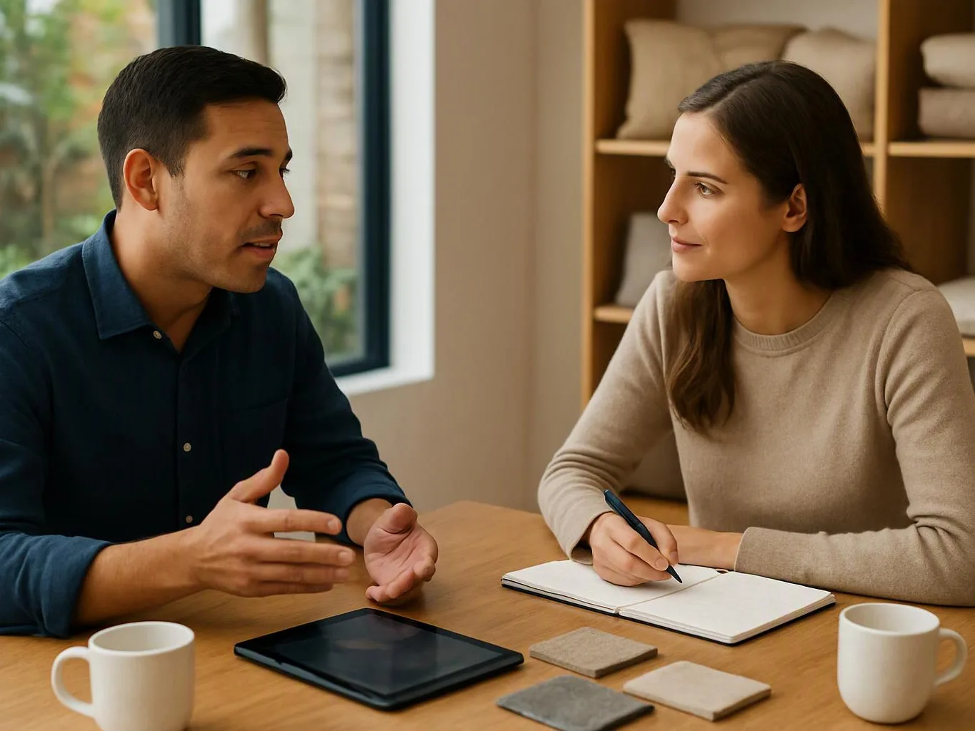 A man talks to a woman taking notes at a wooden table with mugs and a tablet indoors