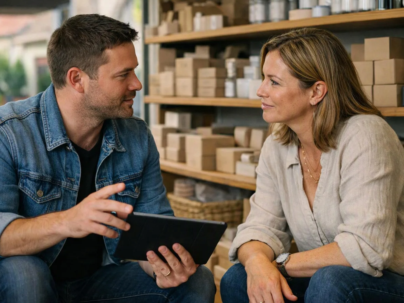 A man and woman sit facing each other in a shop, talking while he holds a tablet