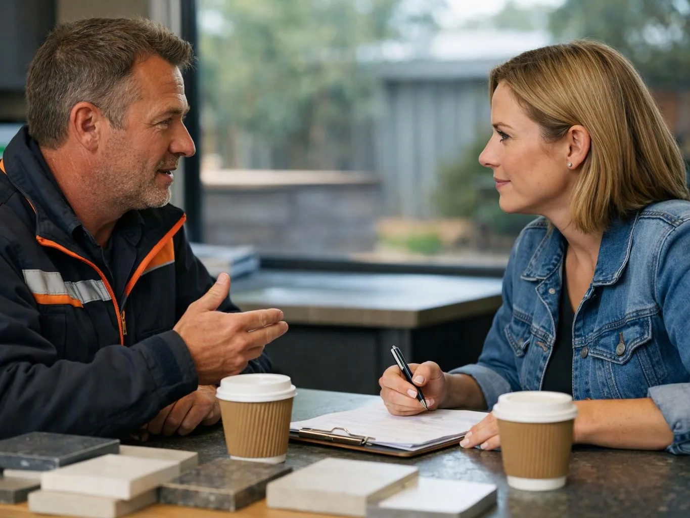 A man and woman sit at a table, talking and writing on a clipboard with coffee cups nearby