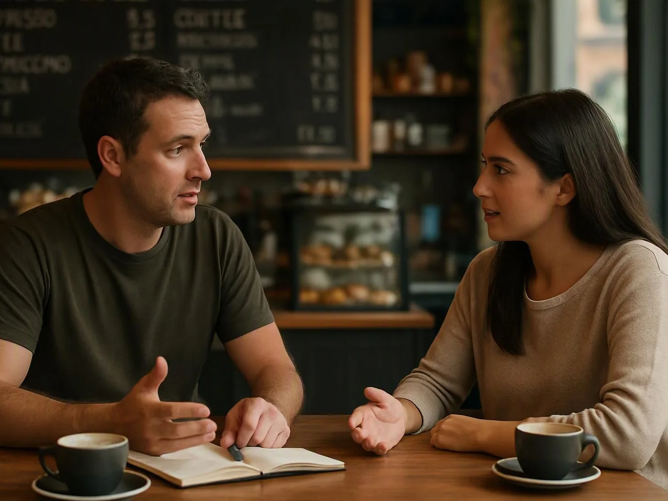 A man and woman talk across a cafe table with notebooks and coffee cups nearby
