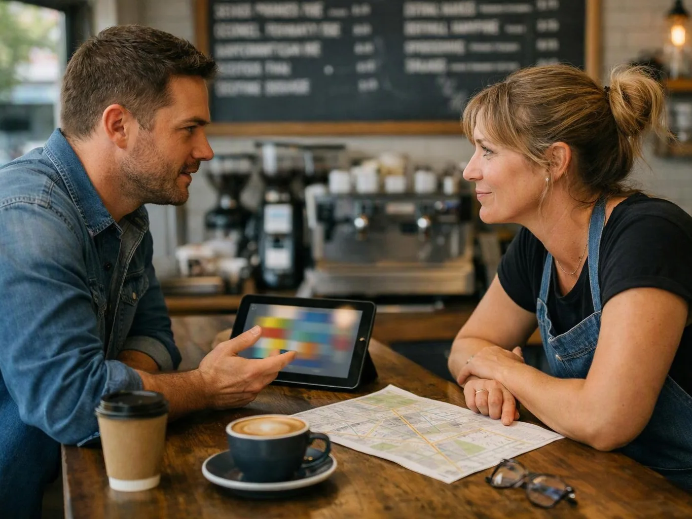 A man and woman talk across a café table with a tablet, coffee cups, a map, and glasses visible