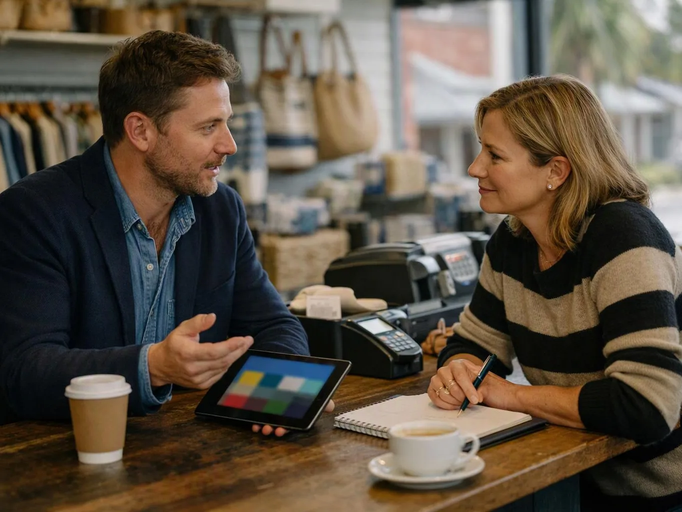 A man and woman talk across a shop counter, with a tablet, notebook, coffee cups, and payment terminals on the table