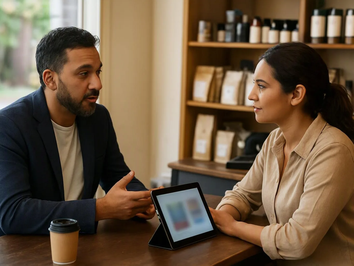 A man and woman talk across a table with a tablet and coffee cup in a warm shop interior