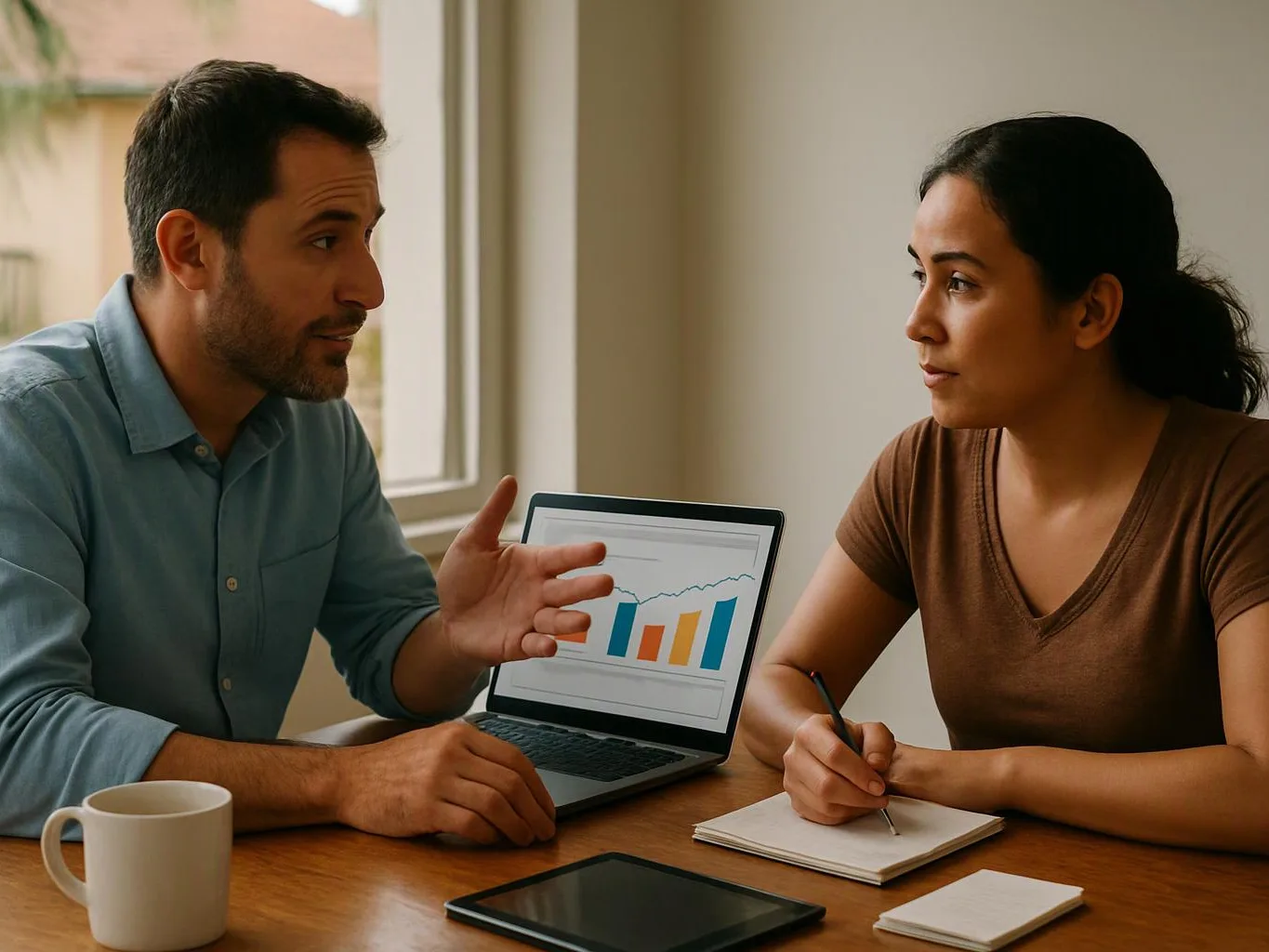 A man and woman talk at a table beside a laptop showing a bar chart, with a notebook and coffee mug nearby