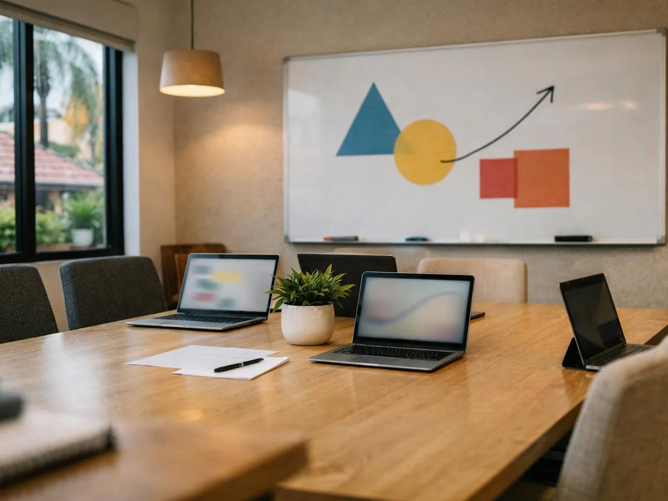 A meeting room shows laptops, papers, and a whiteboard with colorful shapes and an upward arrow