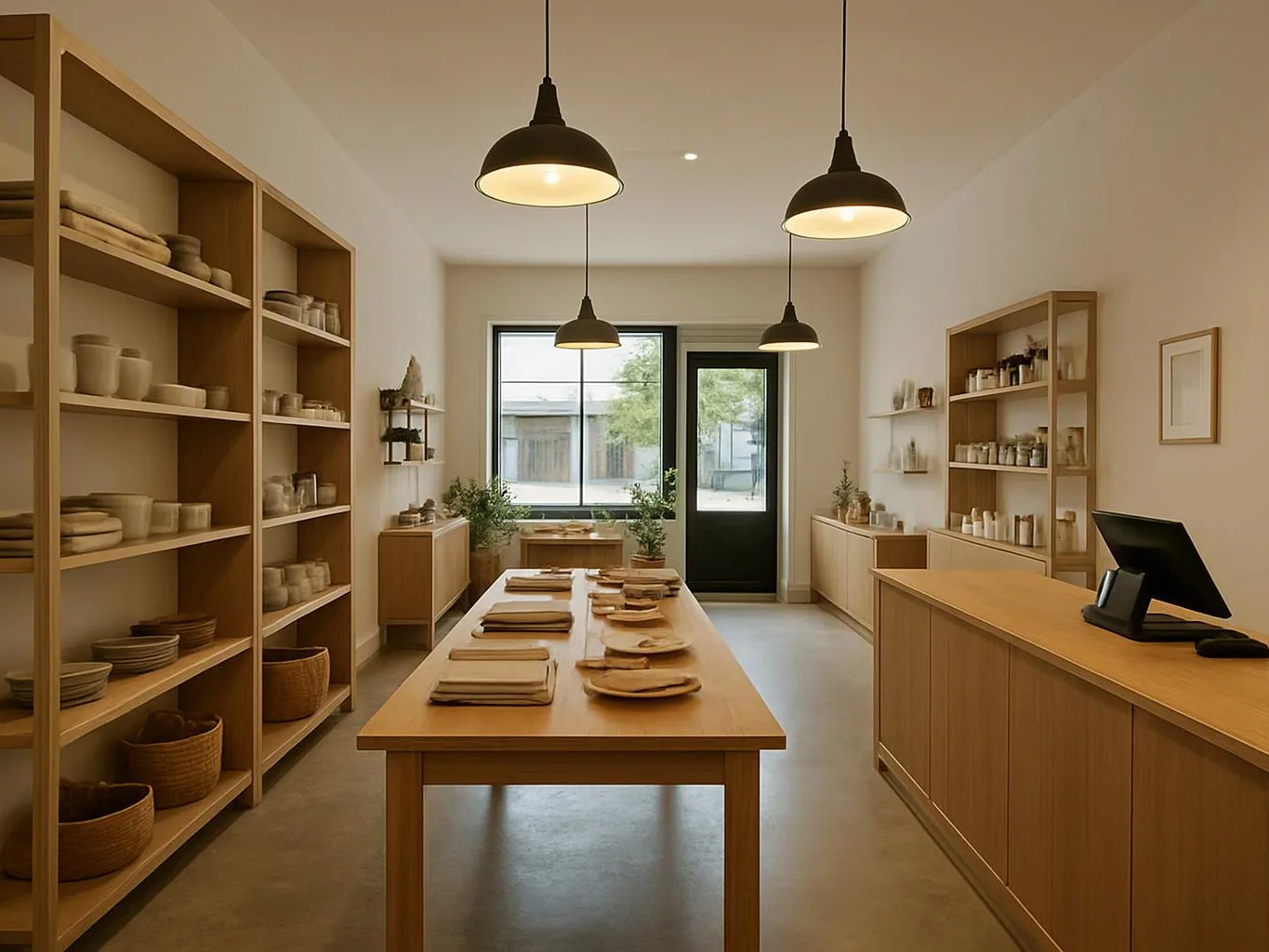 A minimalist shop interior shows wooden shelves, a central display table, pendant lights, and a counter by the door