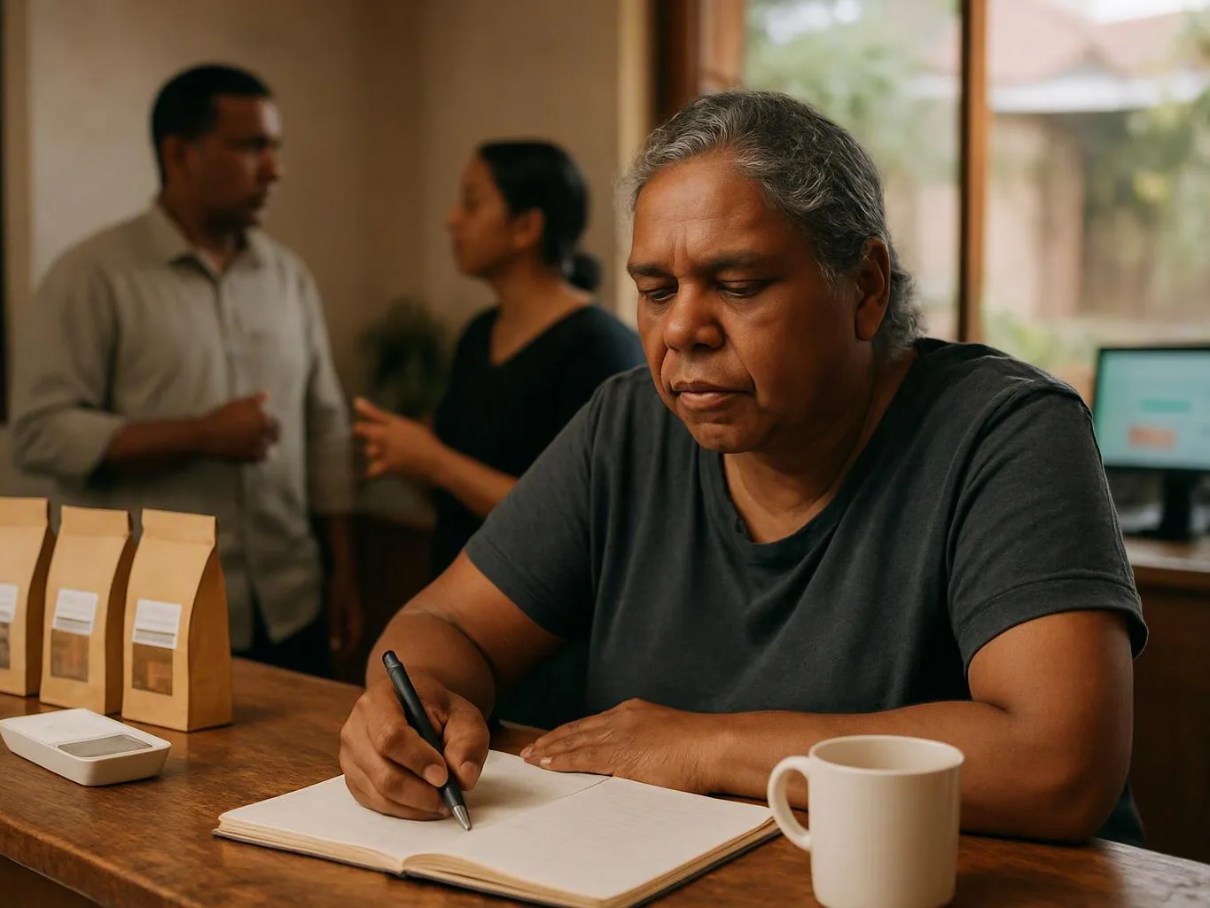 An older woman writes in a notebook at a wooden table while two people talk softly behind her in a warm room