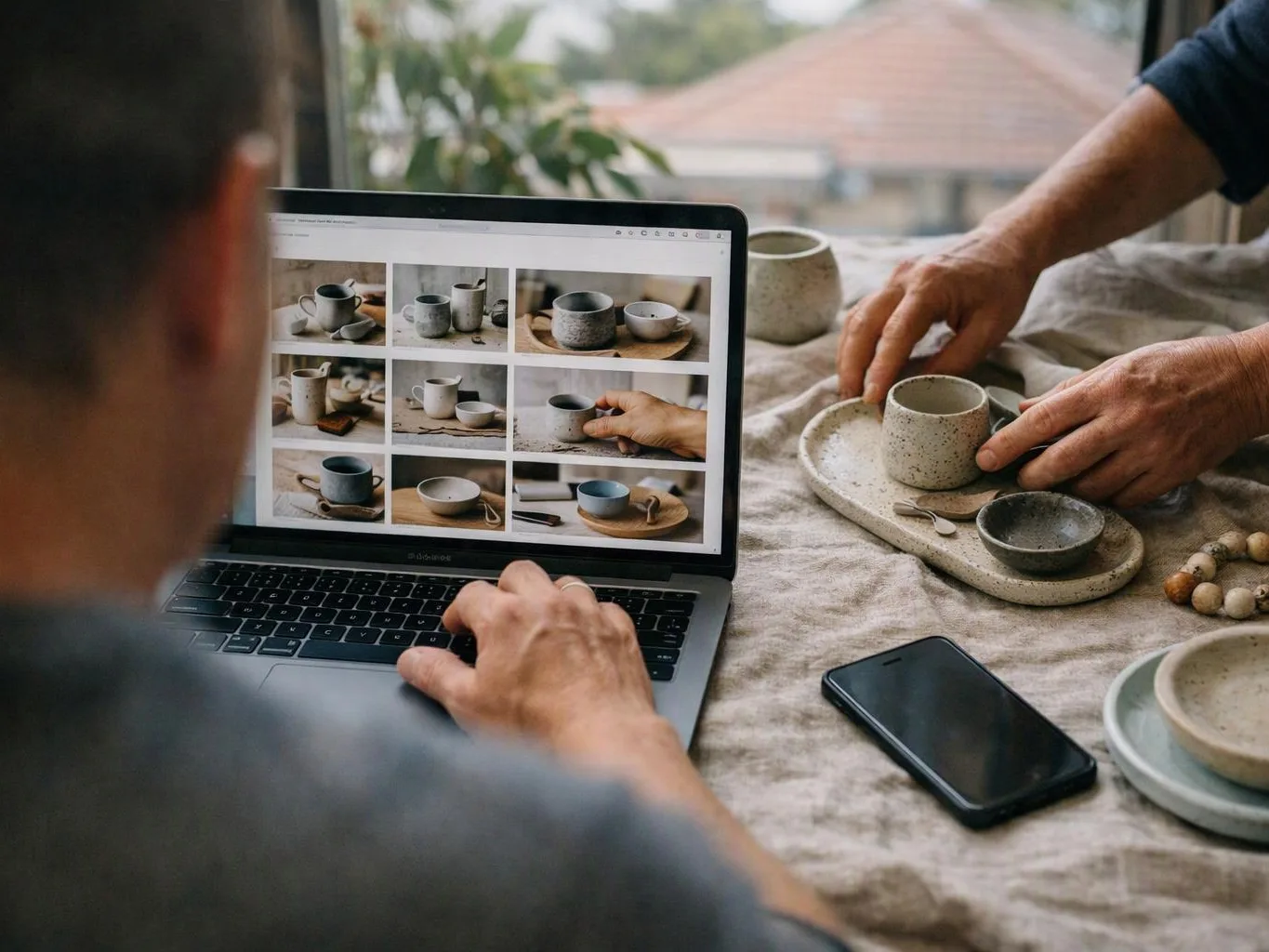 A person browses mug photos on a laptop while hands arrange ceramic cups on a table