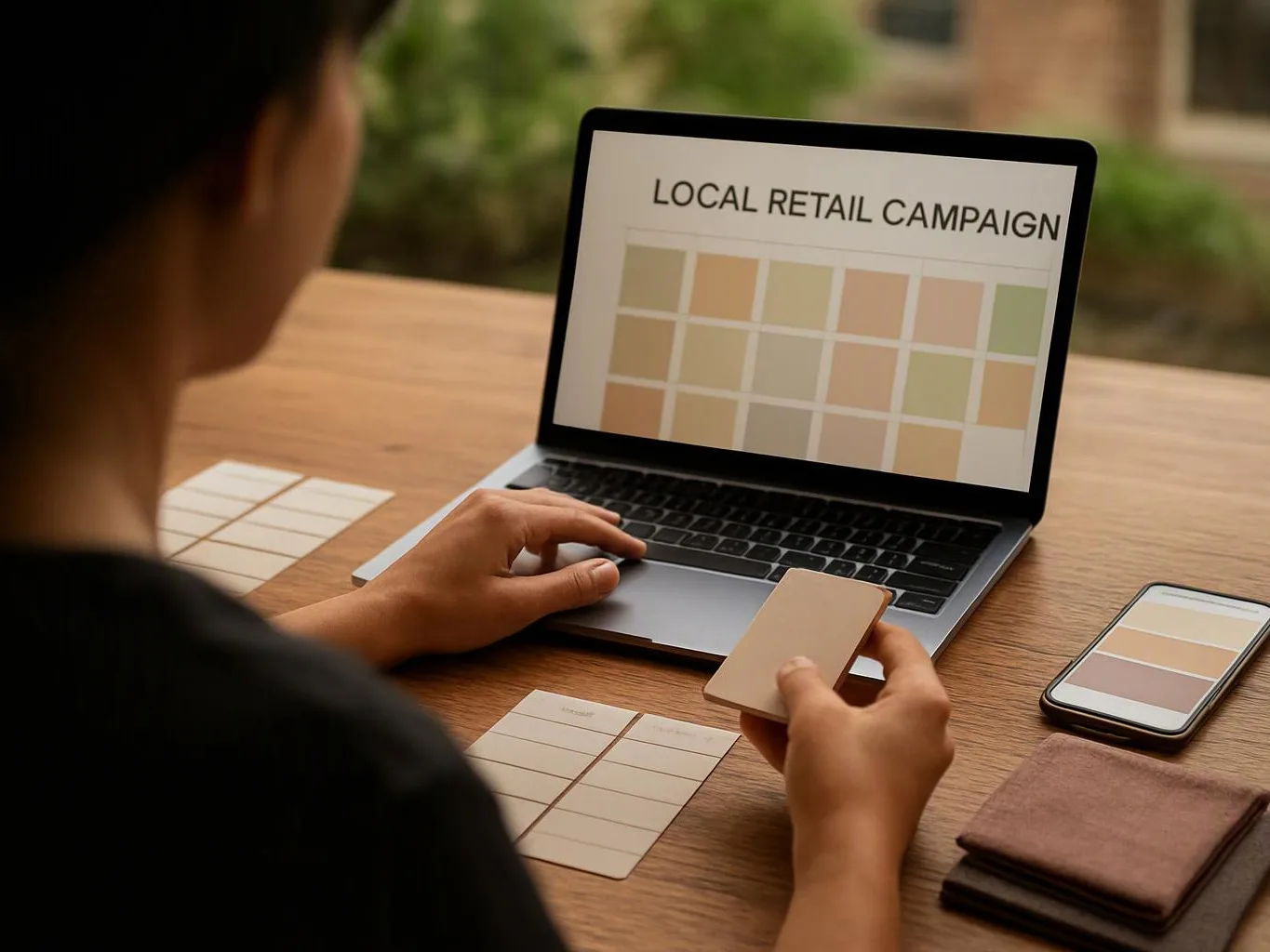 Person compares color swatches beside a laptop showing “LOCAL RETAIL CAMPAIGN” on a wooden table