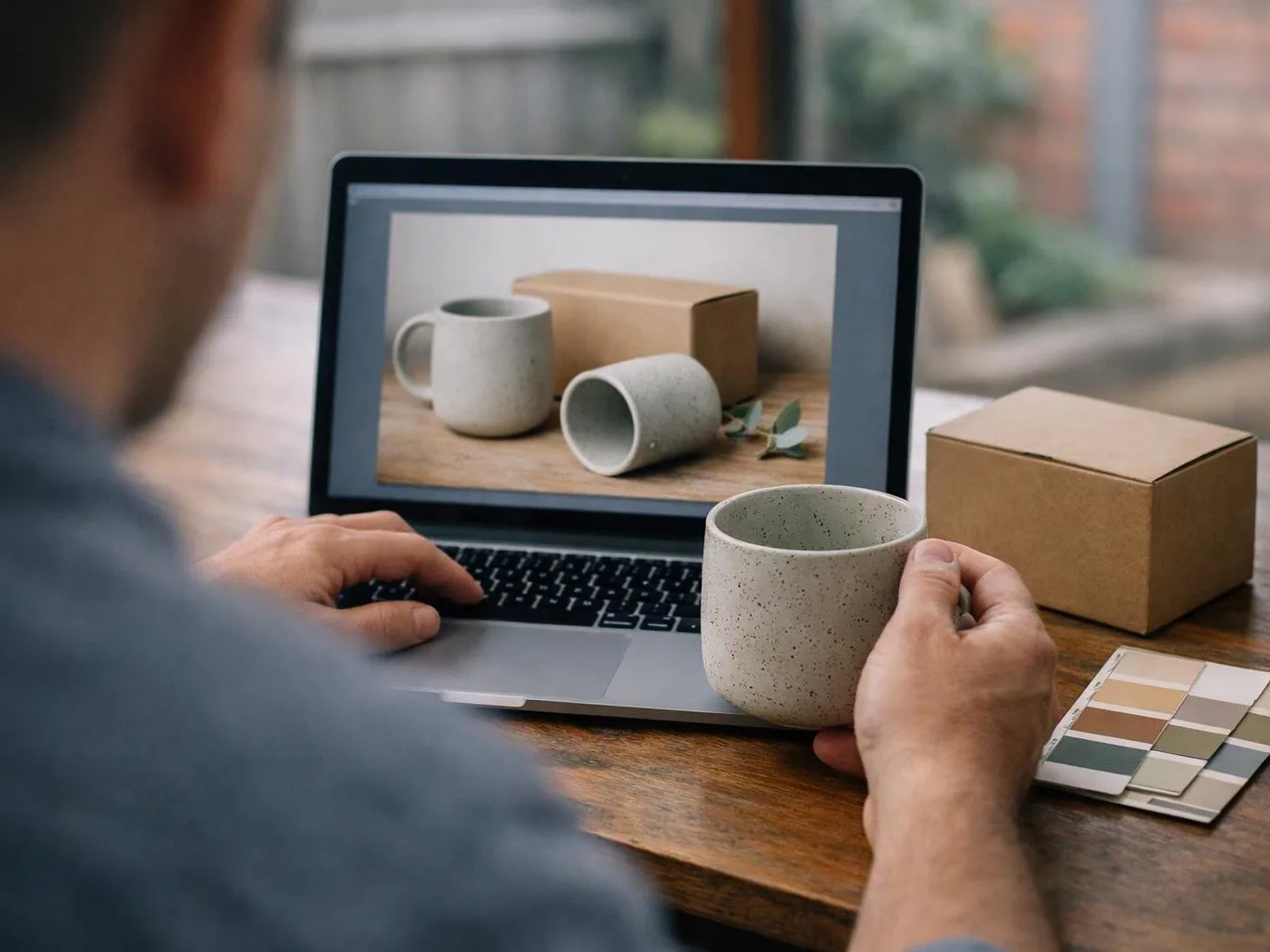 A person edits mug photos on a laptop while holding a speckled ceramic cup at a wooden table