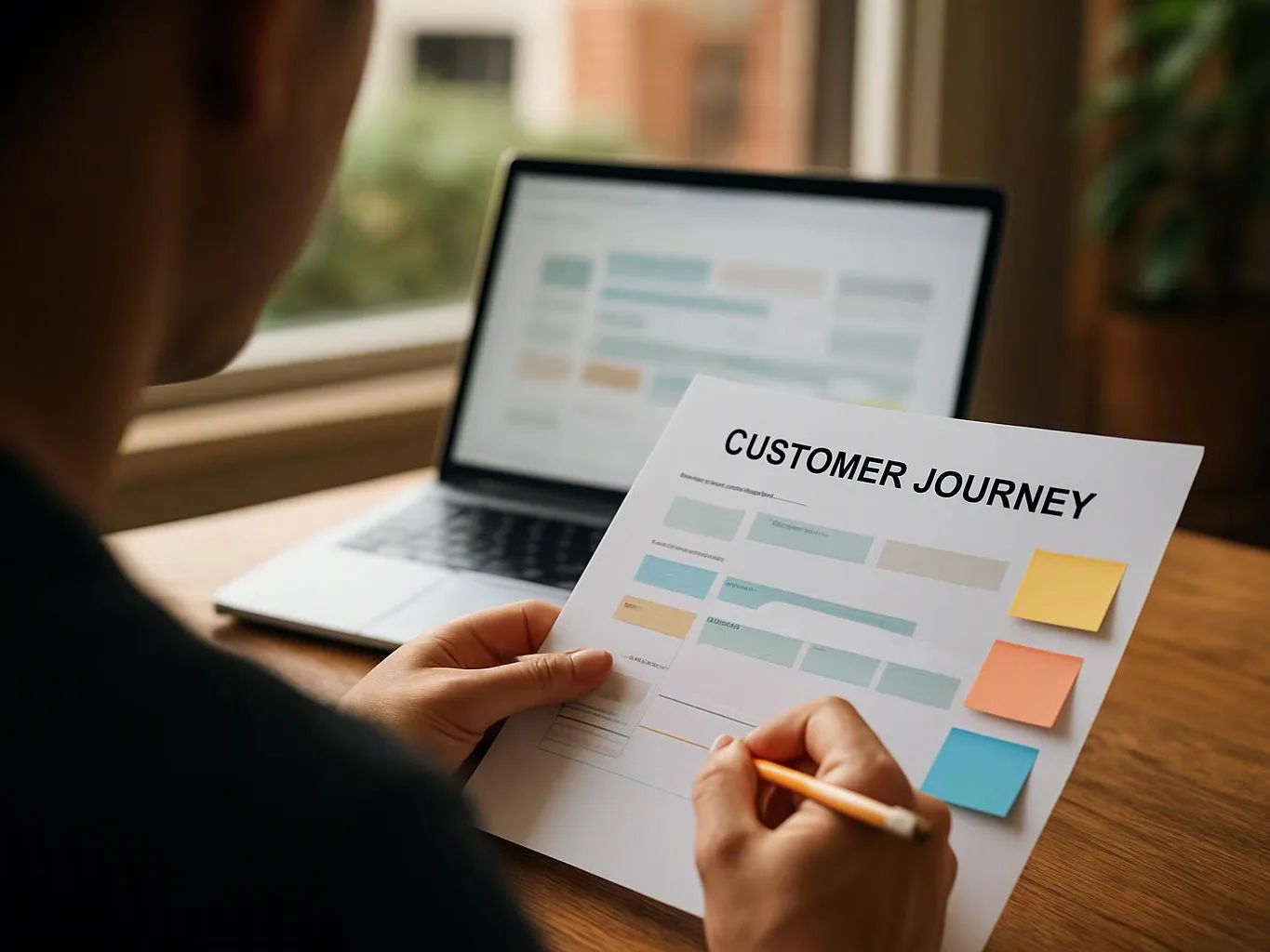 A person fills out a customer journey worksheet beside a laptop on a wooden desk