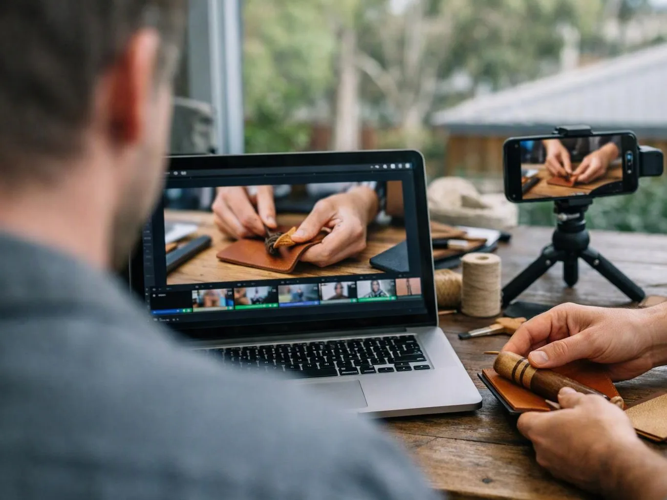 A person films hands working leather beside a laptop and phone on a wooden table