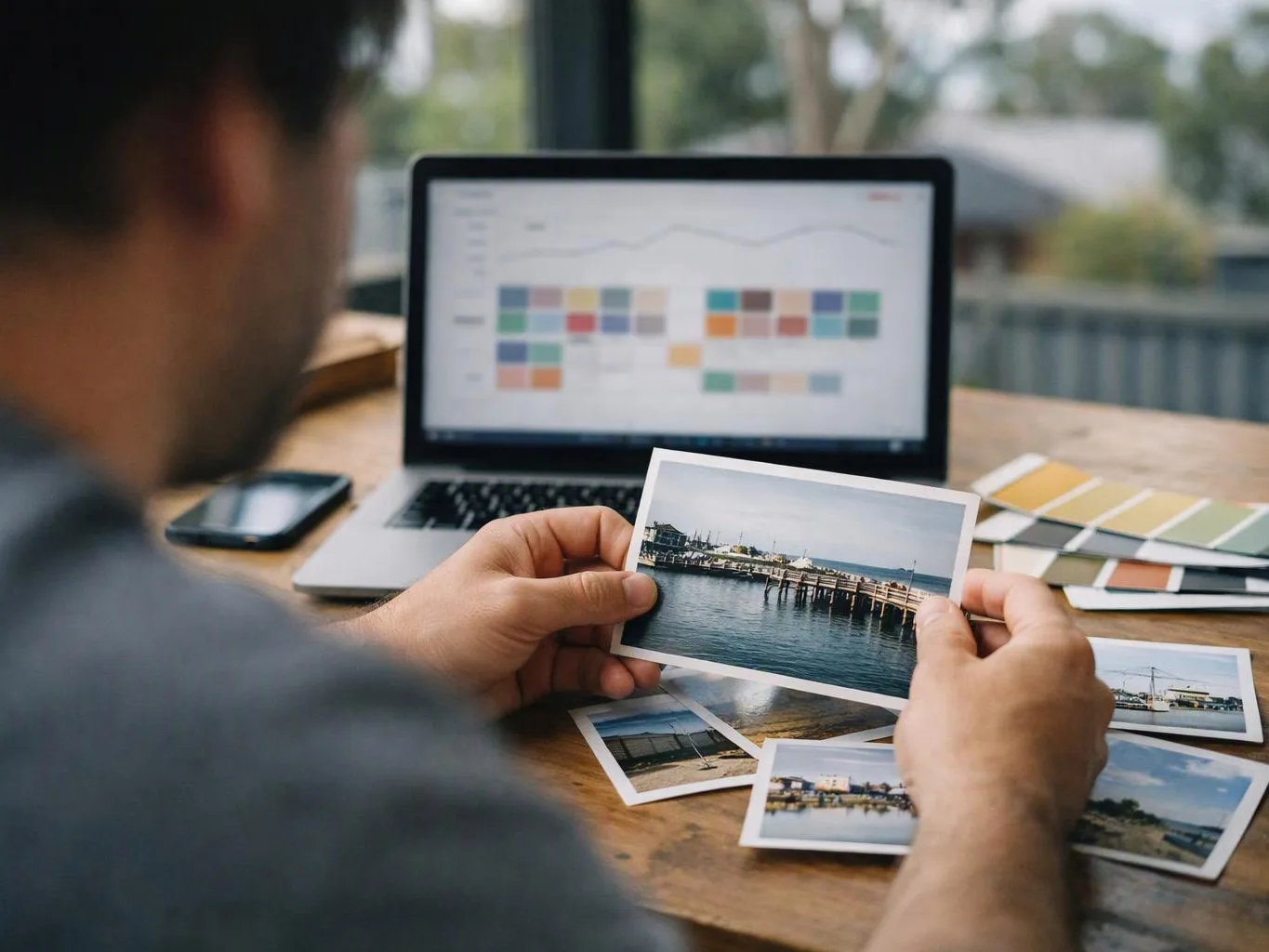 A person holds a waterfront photo over a table with scattered prints and an open laptop showing a color grid
