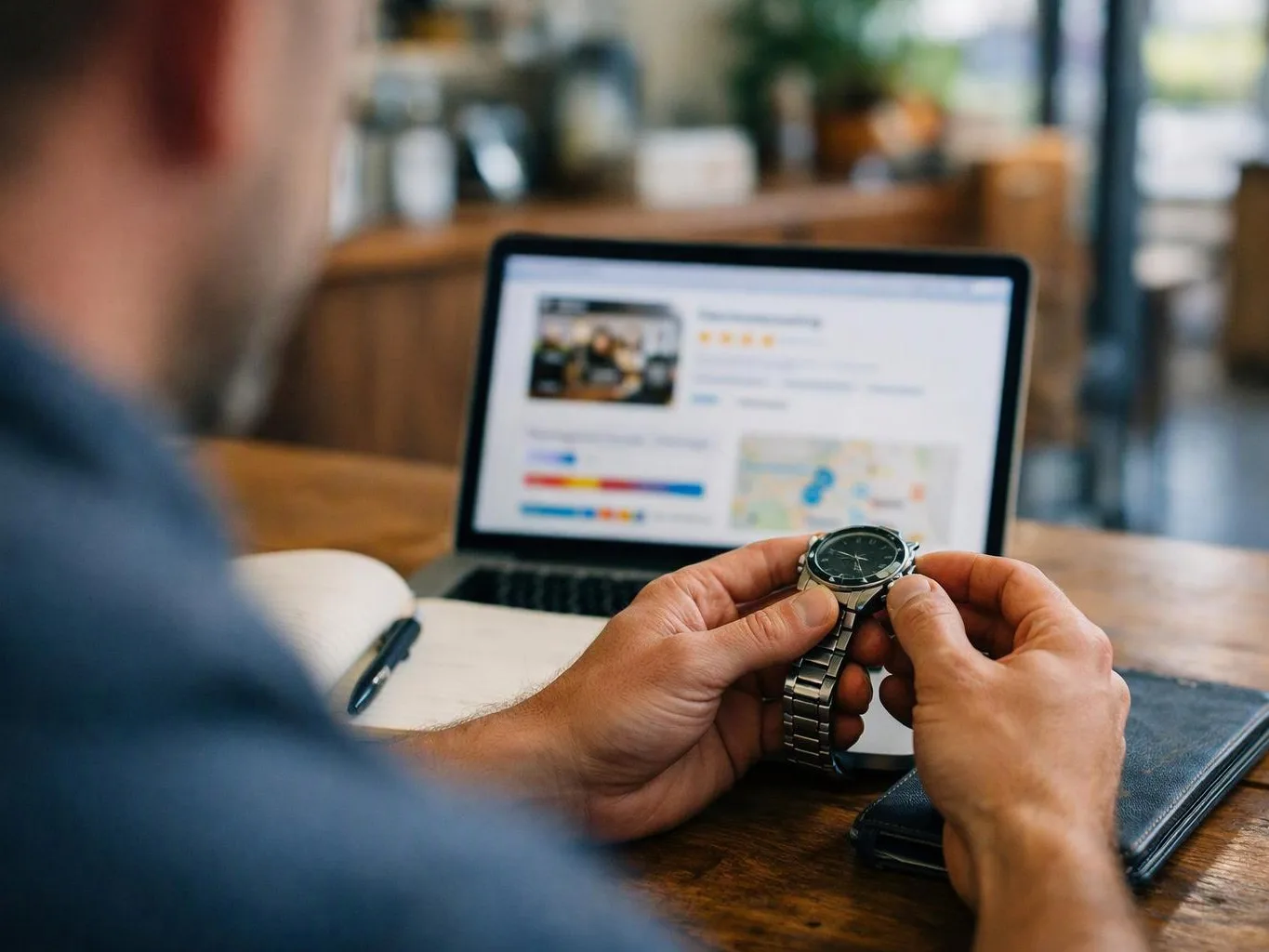A person holds a wristwatch over a wooden table with a laptop and notebook in the background