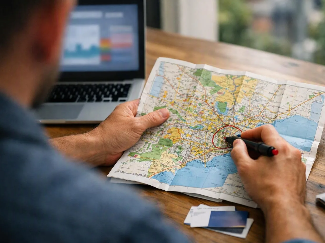 A person marks a paper city map with a black pen beside an open laptop on a wooden table