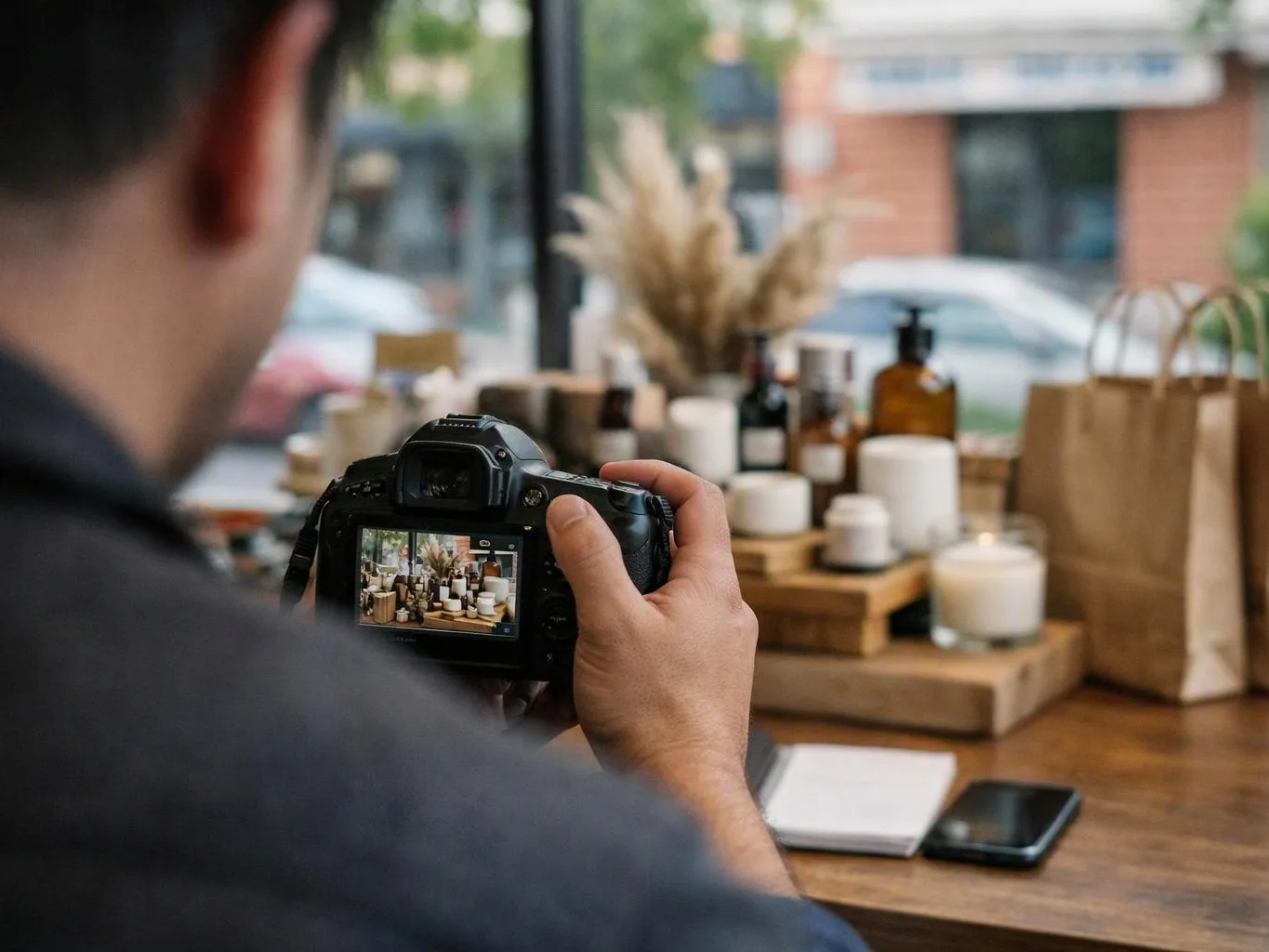 A person photographs candles and bottles on a table, with a camera screen showing the display and a window behind them