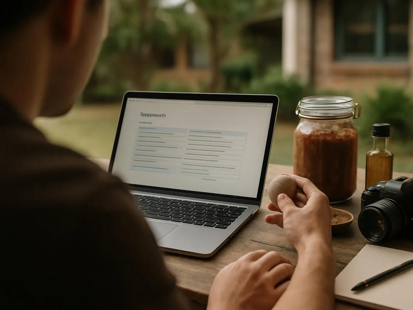 A person sits at a wooden table, holding a small ball beside a laptop, jar, camera, and notebook outdoors