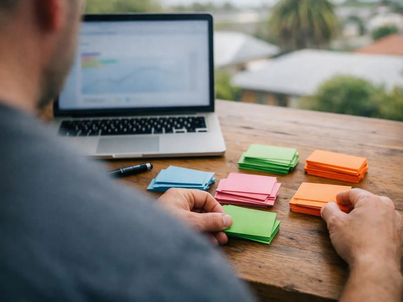 A person sorts colourful sticky notes on a wooden table beside an open laptop