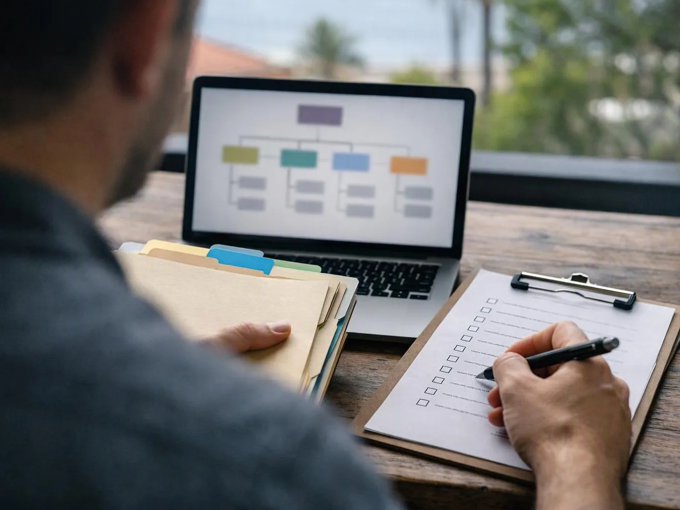 A person sorts folders and marks a checklist beside a laptop showing a simple flowchart