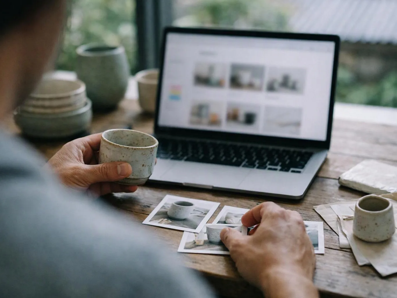 A person sorts small product photos beside a laptop while holding a speckled cup at a wooden table