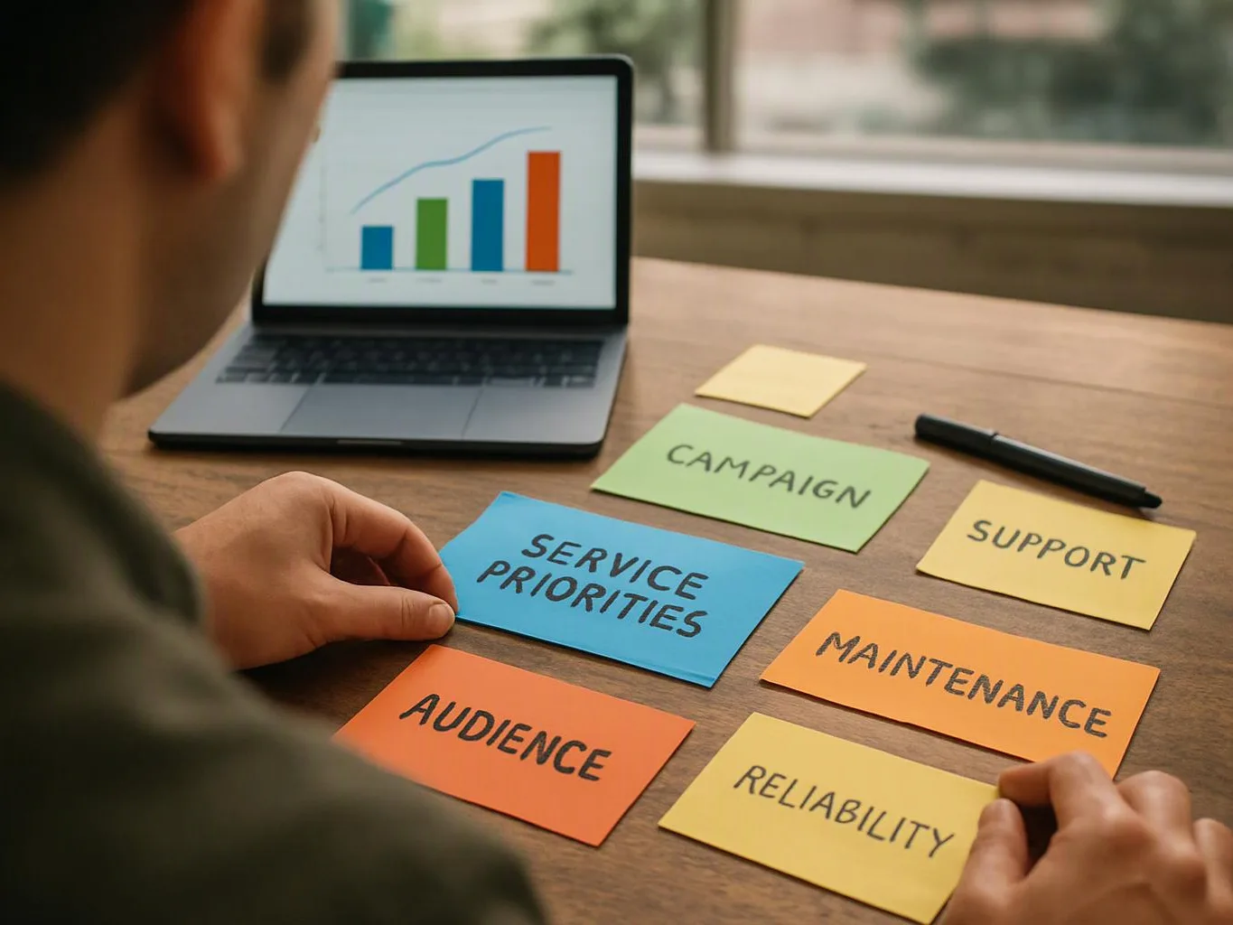 A person studies a laptop chart beside sticky notes labeled service priorities, campaign, support, maintenance, audience