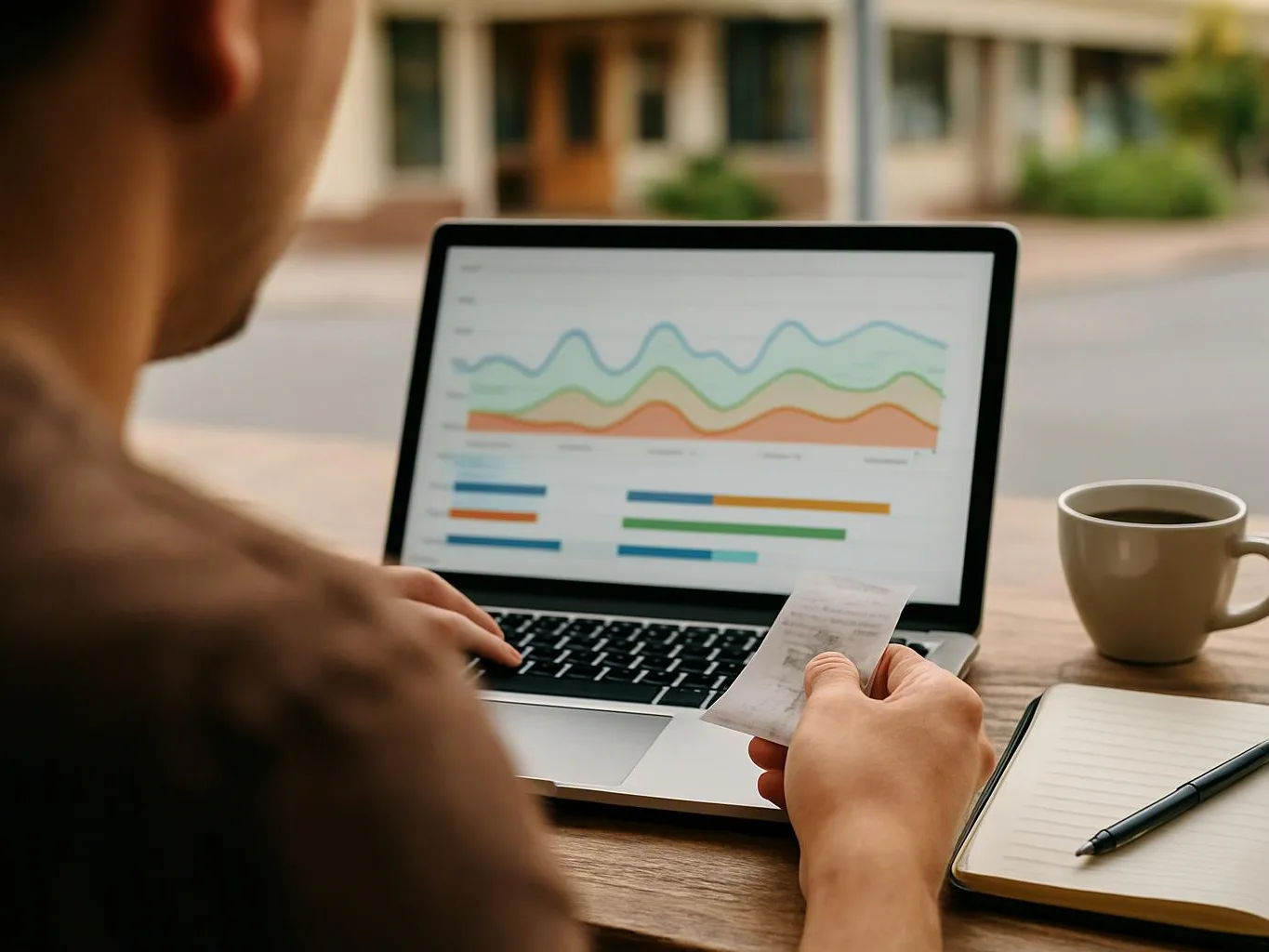 A person studies a laptop chart while holding a receipt beside a coffee cup and notebook on a table