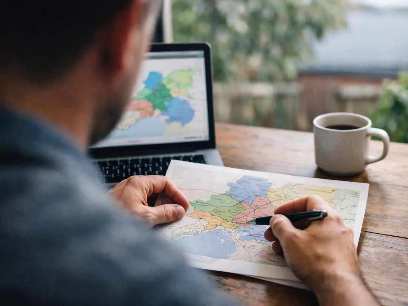 A person studies a printed map and points with a pen beside a laptop and coffee mug on a wooden table