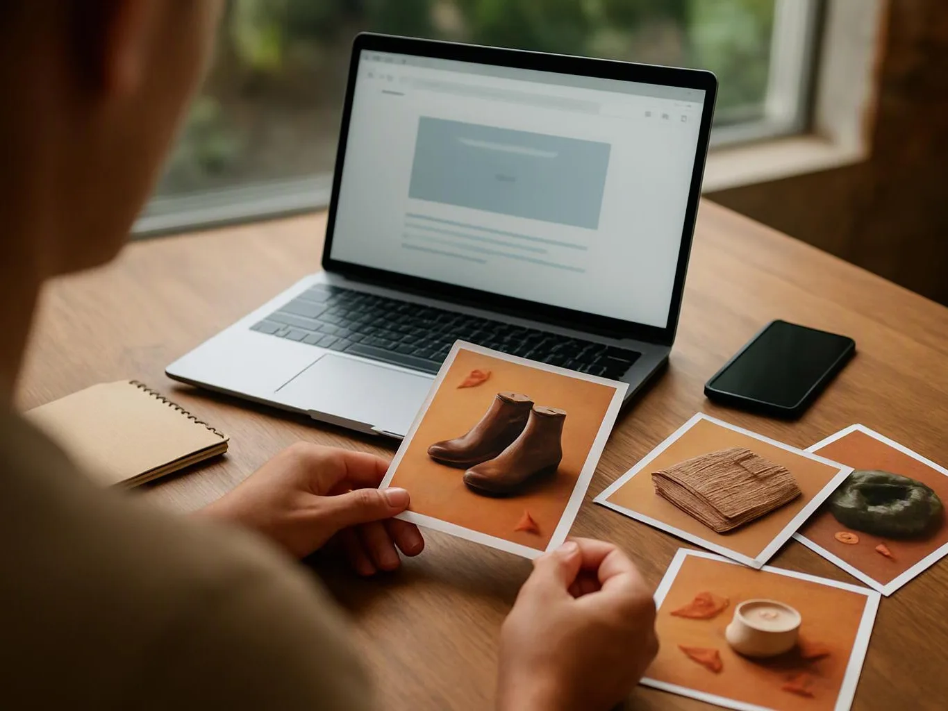 A person studies product photos beside a laptop, a phone, and a notebook on a wooden table