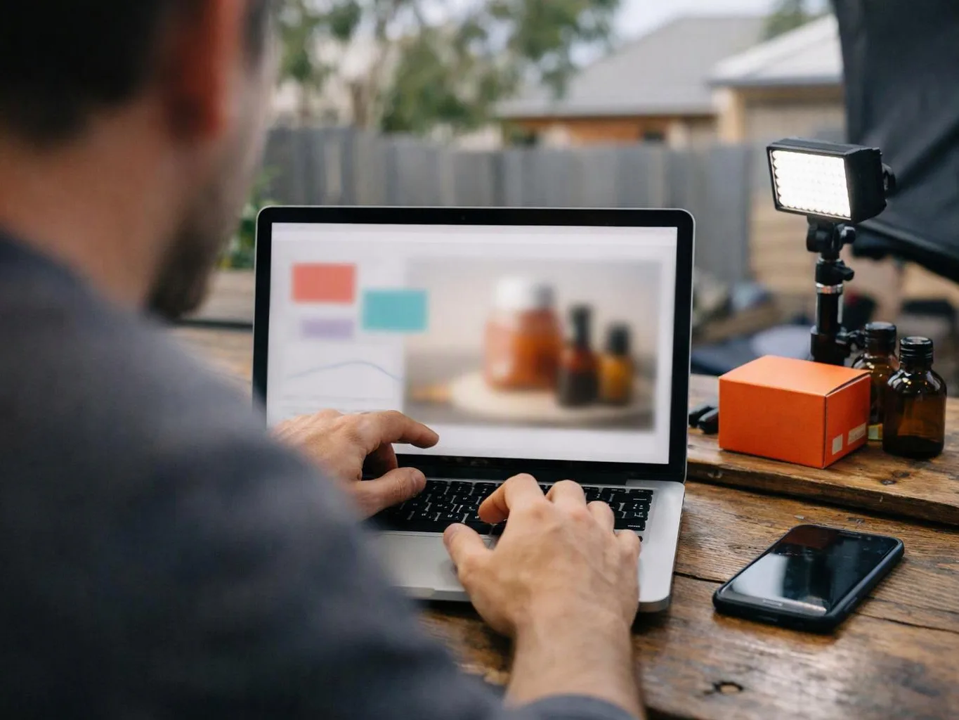 A person types on a laptop beside product bottles, an orange box, a phone, and a bright light on a wooden table outdoors