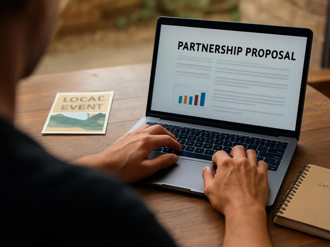 A person types on a laptop showing “PARTNERSHIP PROPOSAL” beside a small “LOCAL EVENT” card on a wooden table