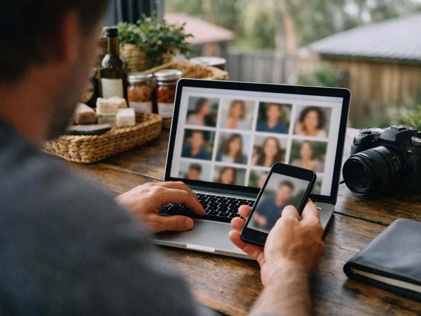 A person uses a laptop and phone at a wooden table, with blurred photo thumbnails on both screens