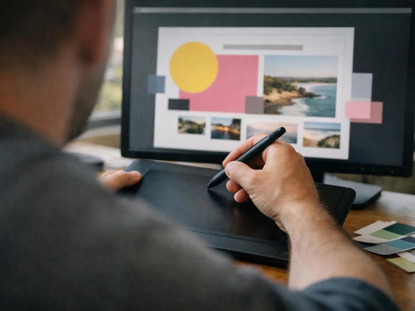 A person uses a stylus on a graphics tablet while editing a design on a monitor