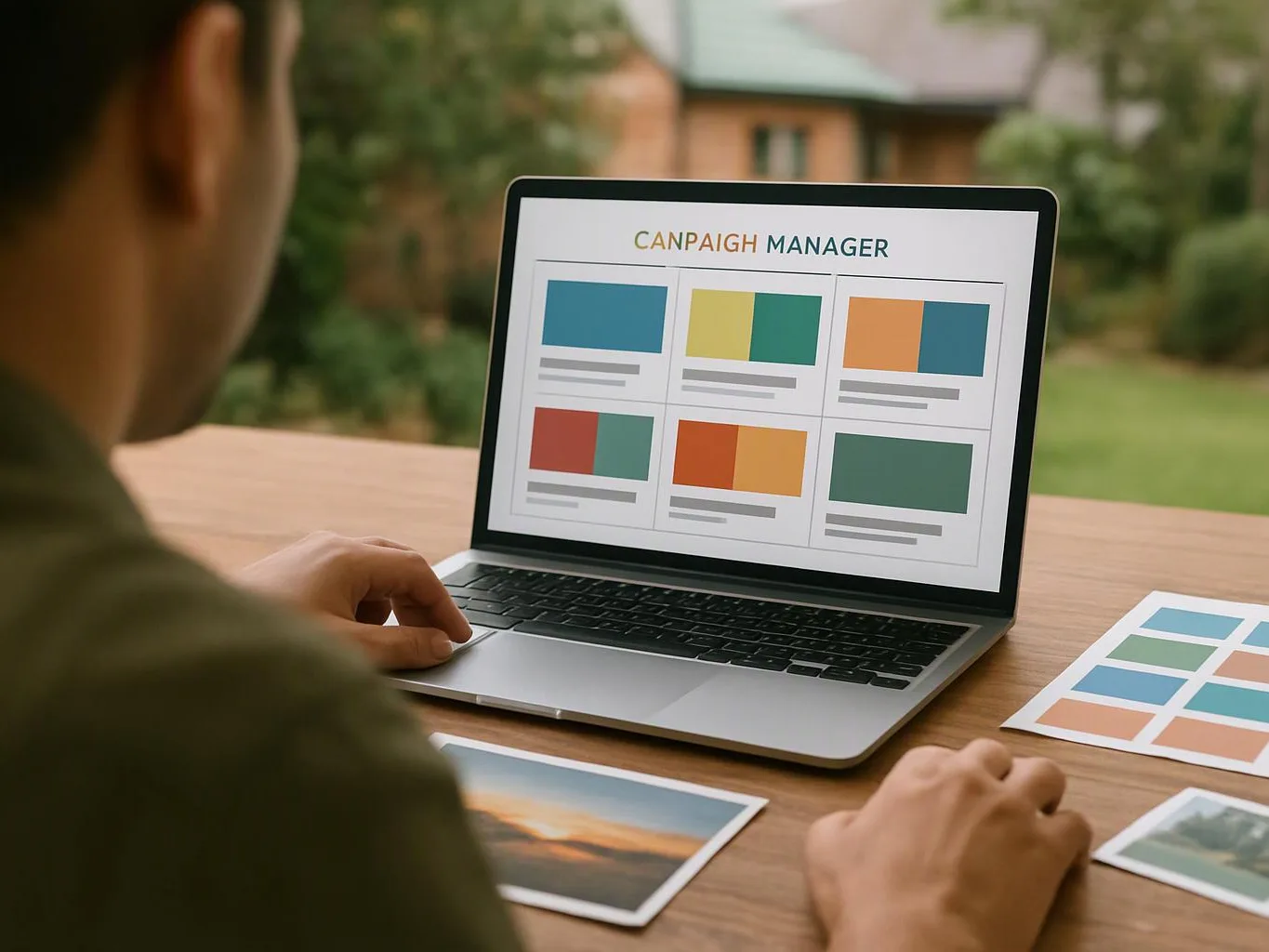 Person at a wooden table reviews a laptop showing a campaign manager layout, with color swatches and photo prints nearby