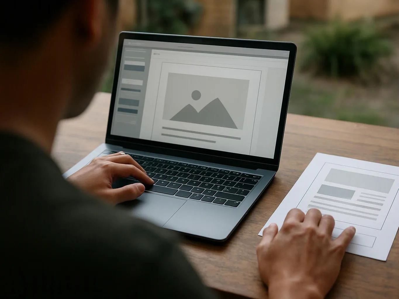 A person works on a laptop beside a paper mockup on a wooden table outdoors