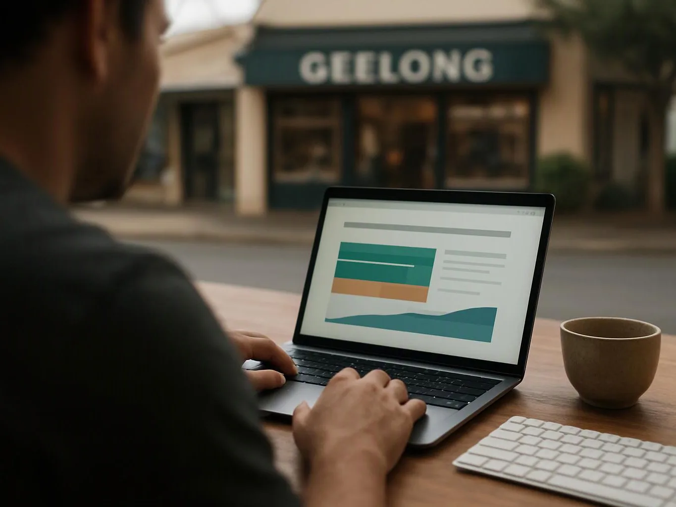 A person works on a laptop at a wooden table, with a coffee cup, keyboard, and a storefront sign in the background
