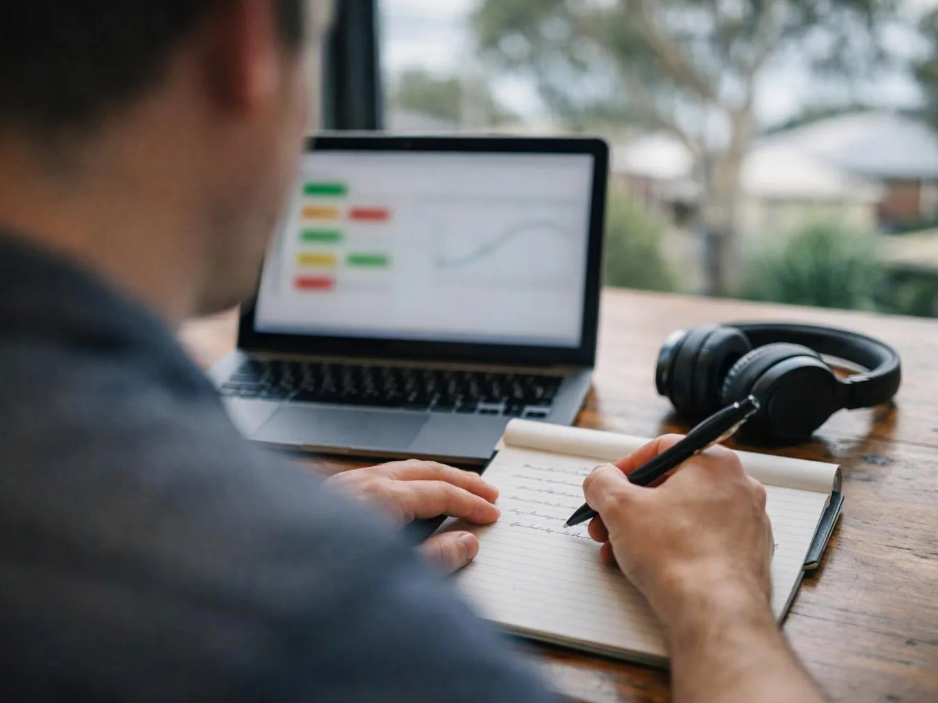 A person writes in a notebook beside a laptop and headphones on a wooden table