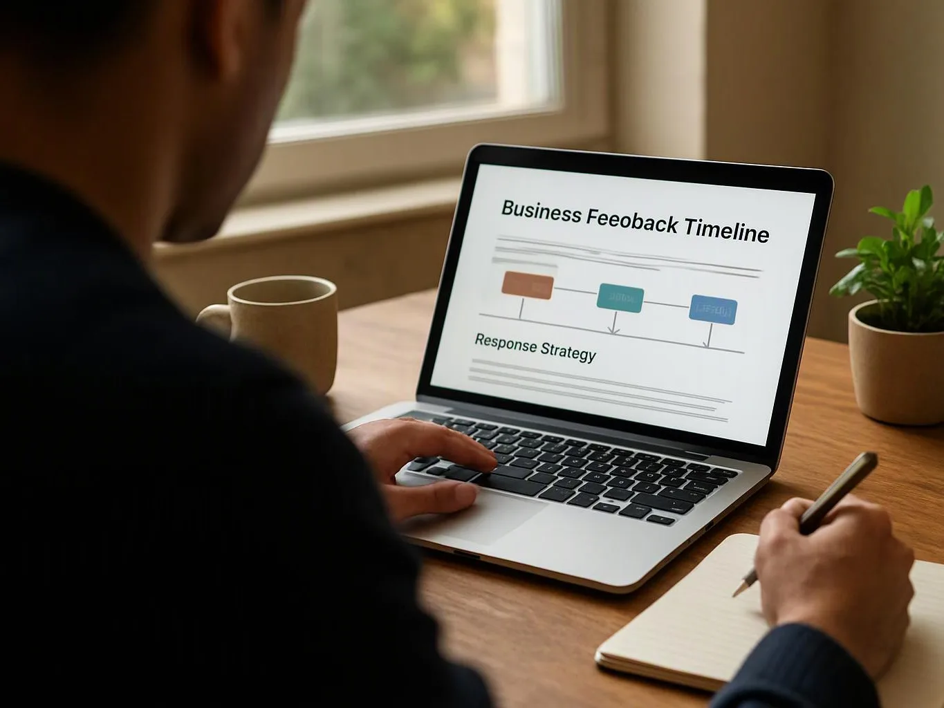 A person writes in a notebook beside a laptop showing a feedback timeline slide on a desk near a window
