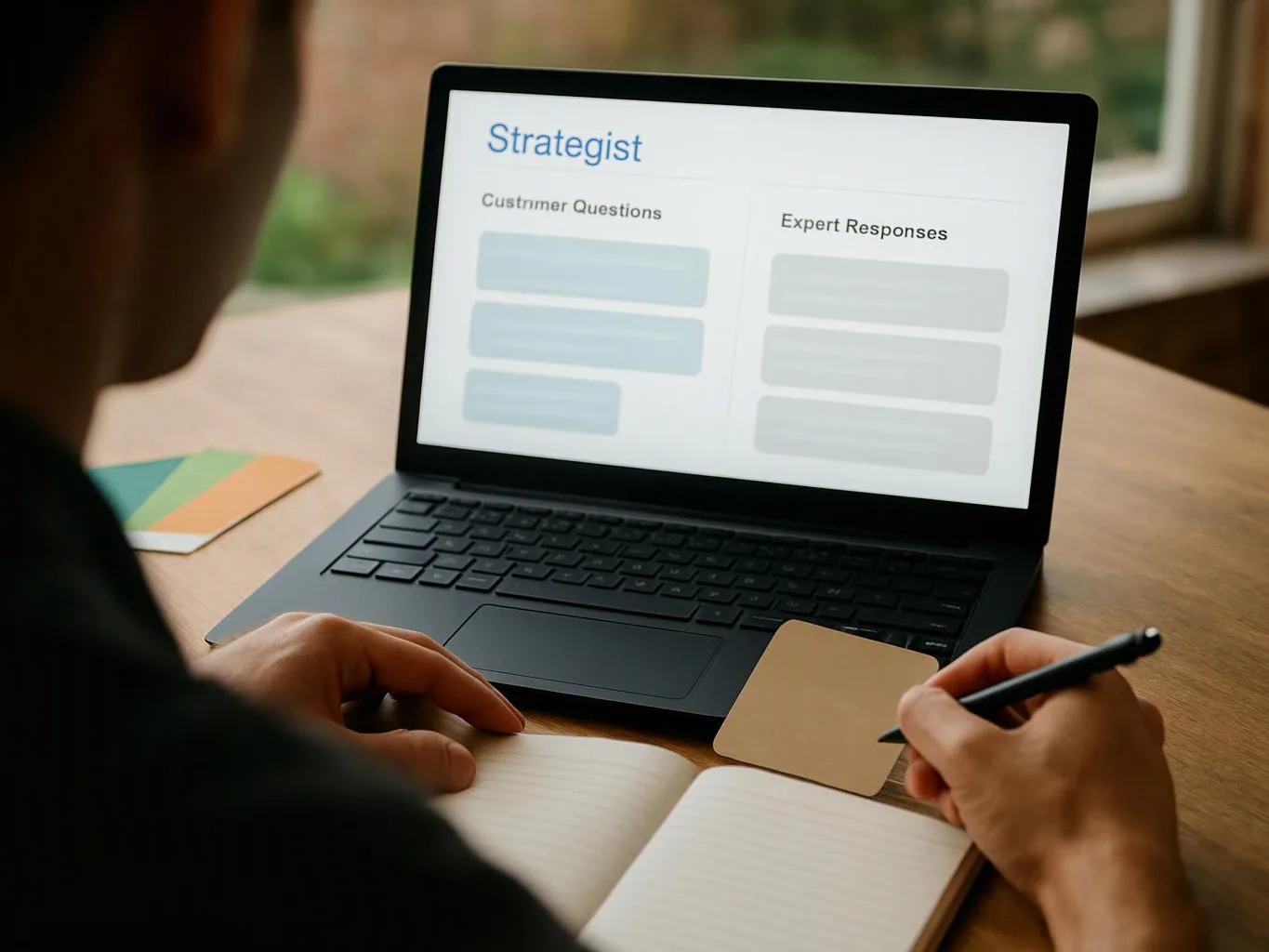 A person writes in a notebook beside a laptop showing a “Strategist” page with question and response columns