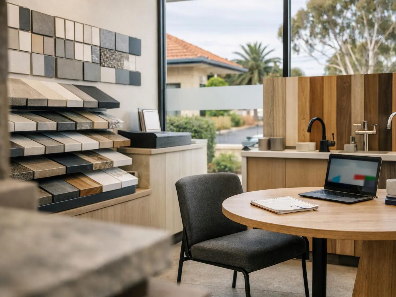 A showroom displays stacked tile samples, a round table with a laptop and notebook, and a window view outside