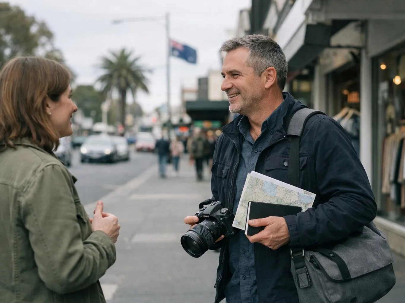 A smiling man with a camera and map talks with a woman on a city sidewalk