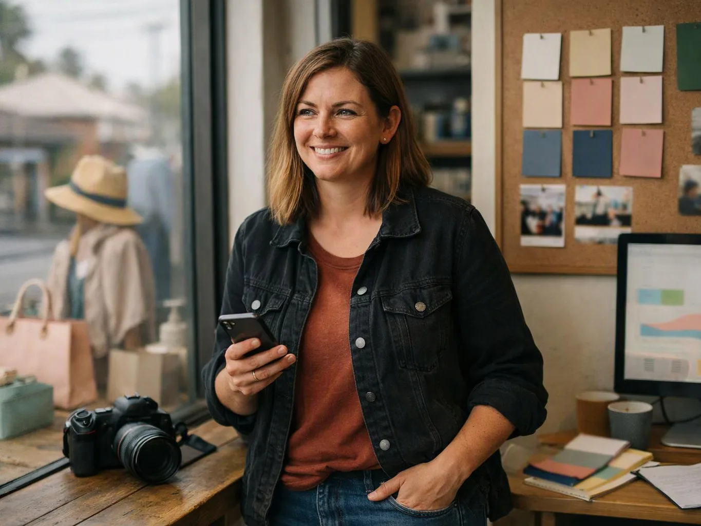 Smiling woman holds a phone in a creative studio beside a camera, corkboard, and computer monitor